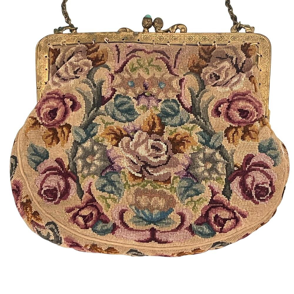 vintage petit point purse intricate floral tapestry and brass frame clutch - Picture 4 of 12